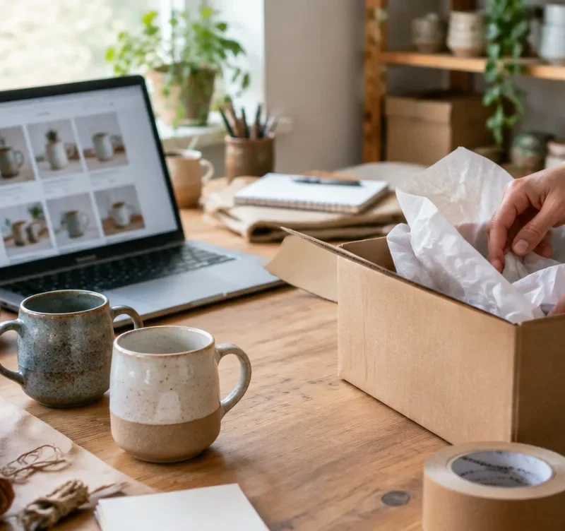 A small online store owner packing a ceramic mug into a shipping box next to a laptop