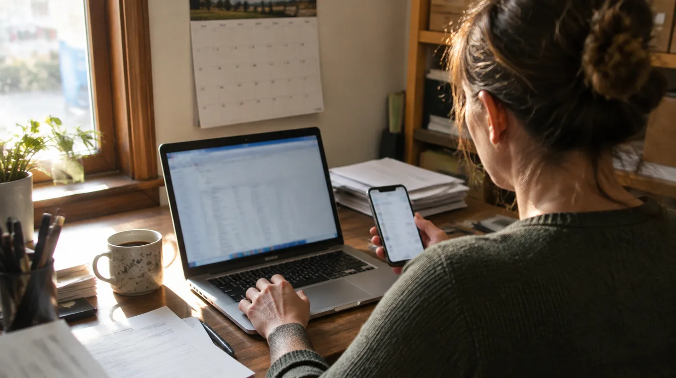 Small business owner at a desk comparing business details on a laptop and a phone