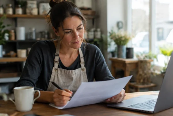 A small business owner reading a printed quote with a pen in hand and a laptop beside her