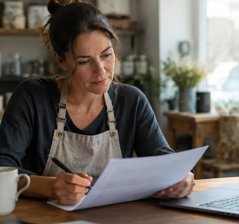 A small business owner reading a printed quote with a pen in hand and a laptop beside her