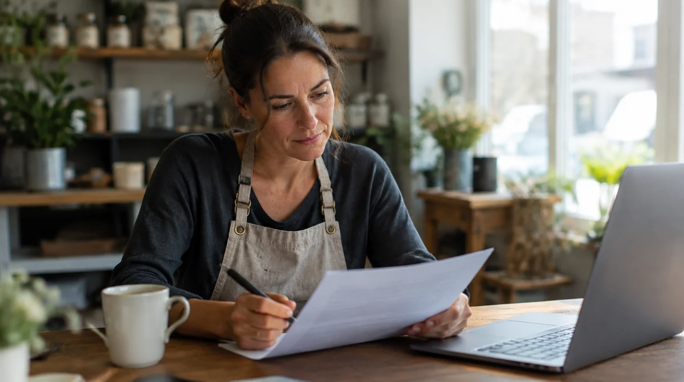 A small business owner reading a printed quote with a pen in hand and a laptop beside her