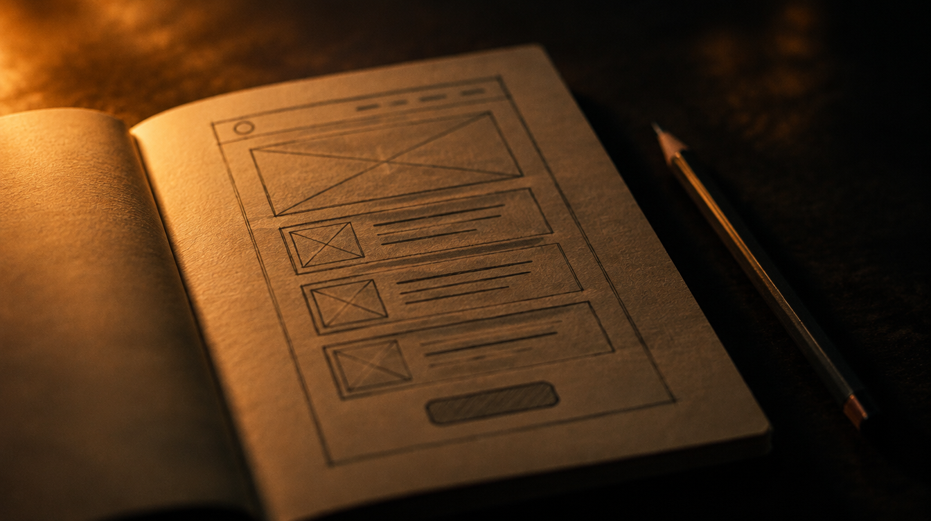A notebook showing a hand drawn website page layout with header and content blocks