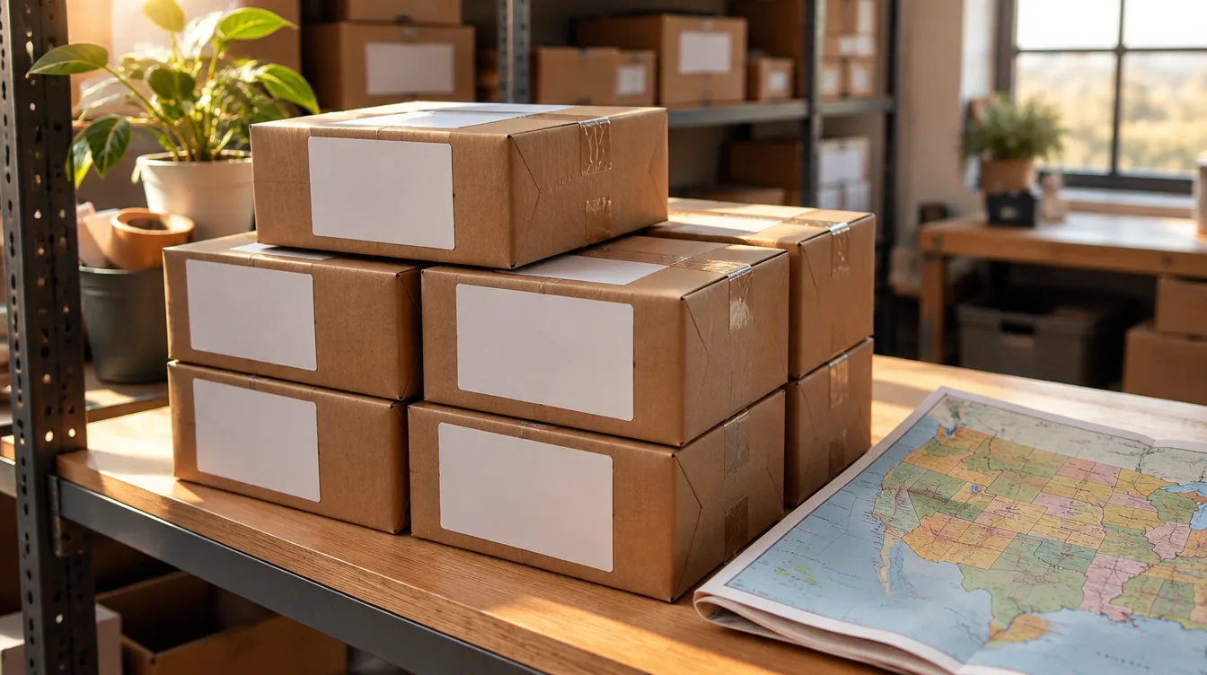 Stacked parcels with blank shipping labels on a shelf beside a map of the United States