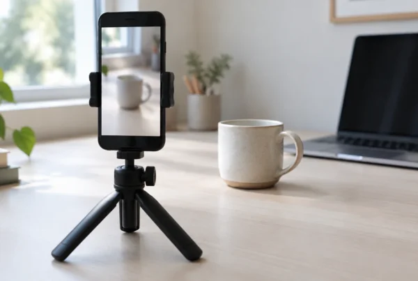 A smartphone on a small tripod filming a ceramic mug on a light desk