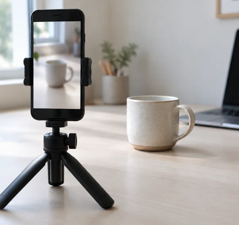 A smartphone on a small tripod filming a ceramic mug on a light desk