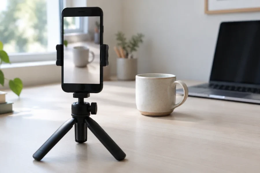 A smartphone on a small tripod filming a ceramic mug on a light desk