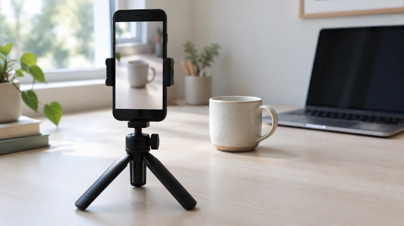A smartphone on a small tripod filming a ceramic mug on a light desk