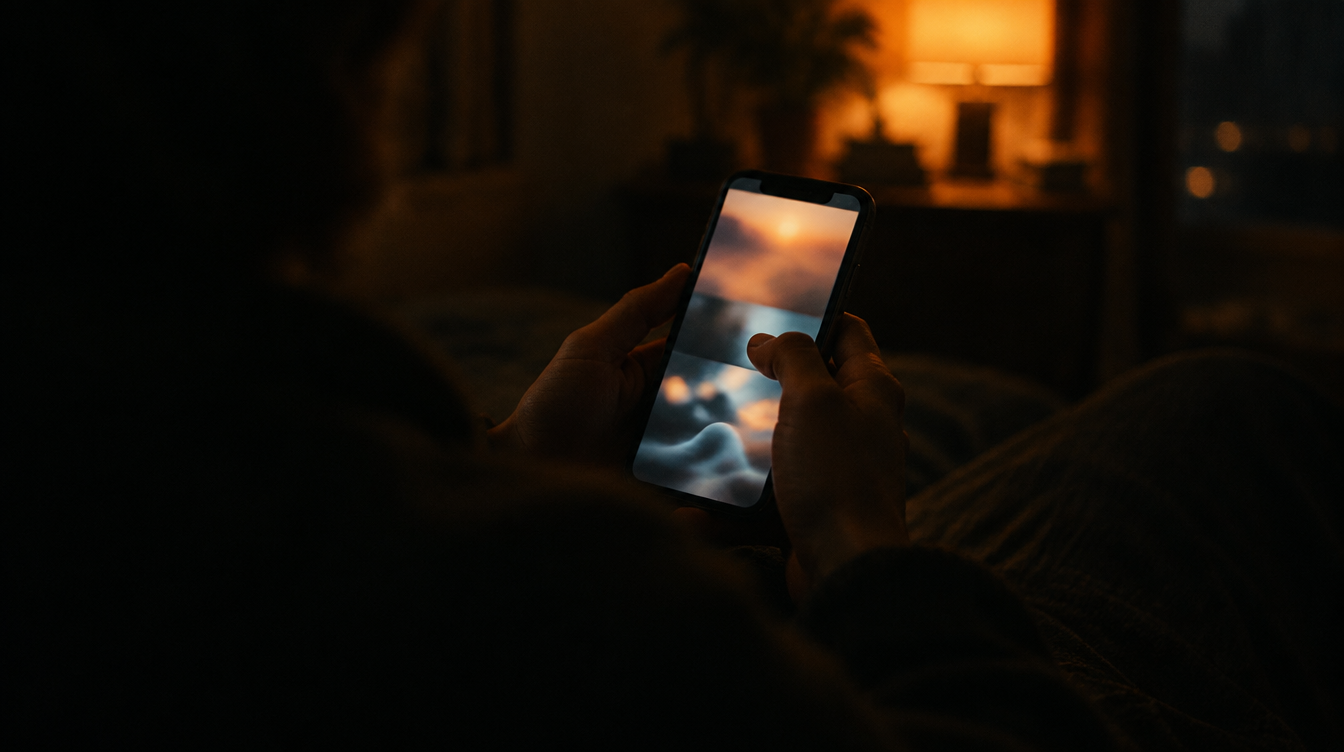 Anonymous hands scrolling a phone screen in a dark room