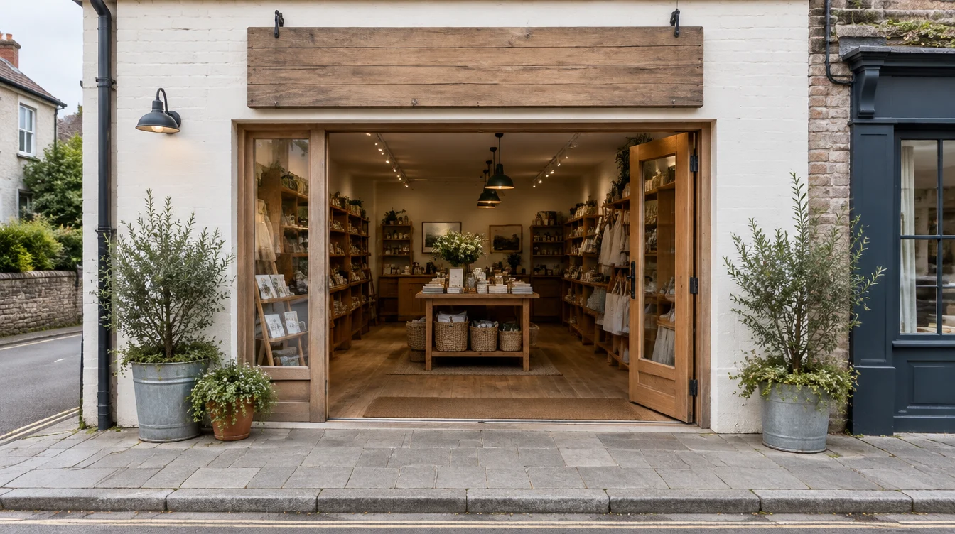 A small independent shop front with one wide open door under a plain wooden sign