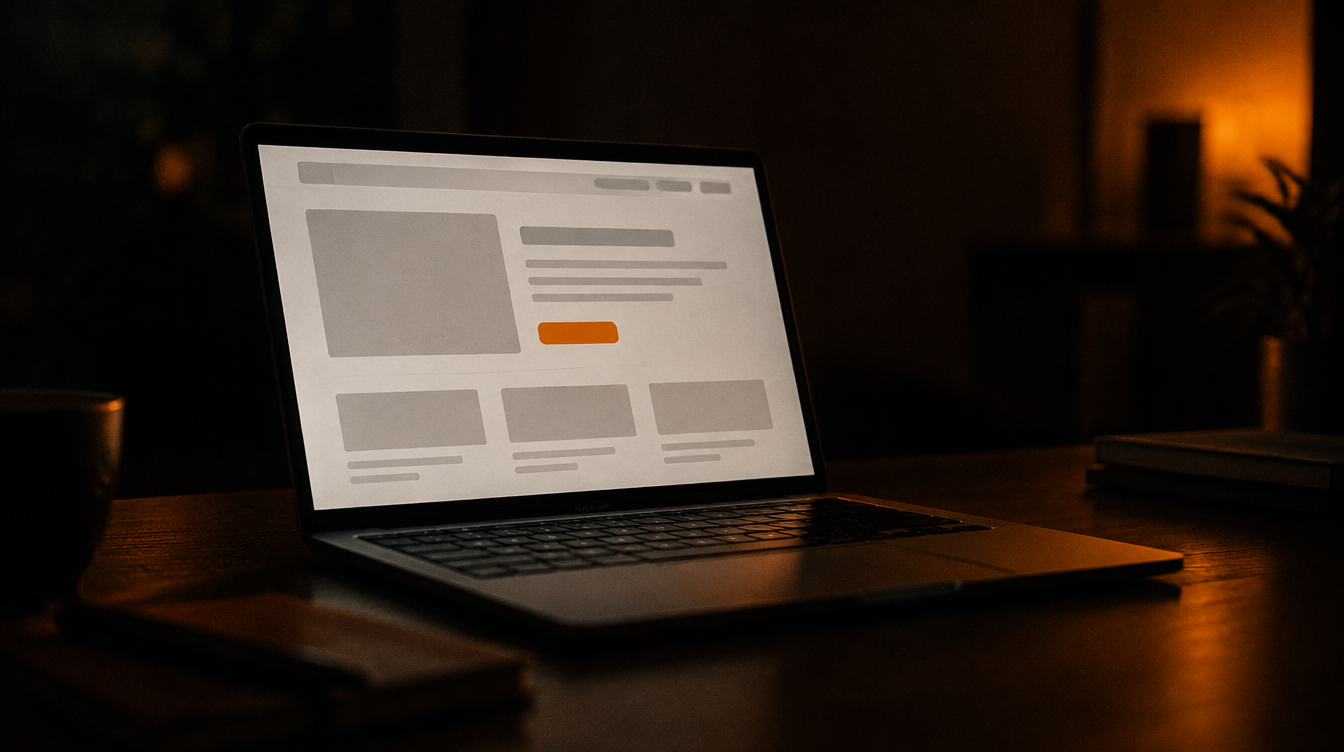 A laptop screen glowing in a dark room with a simple page layout and one orange button