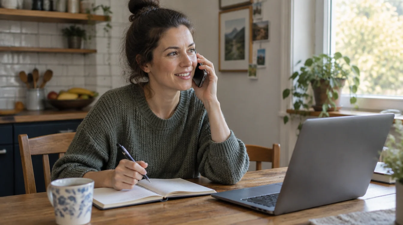 A small business owner taking a phone call at a kitchen table with a notebook and laptop