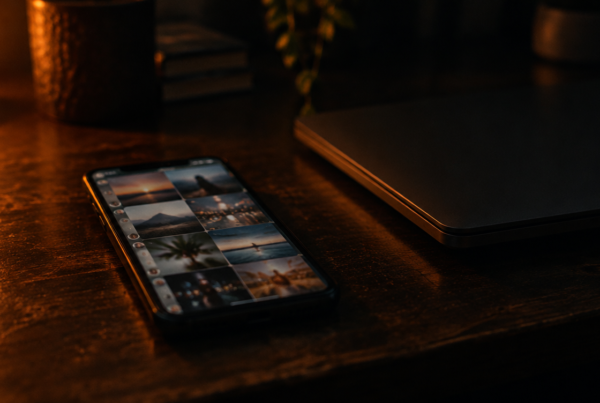 A phone showing a social feed glowing on a dark desk beside a closed laptop