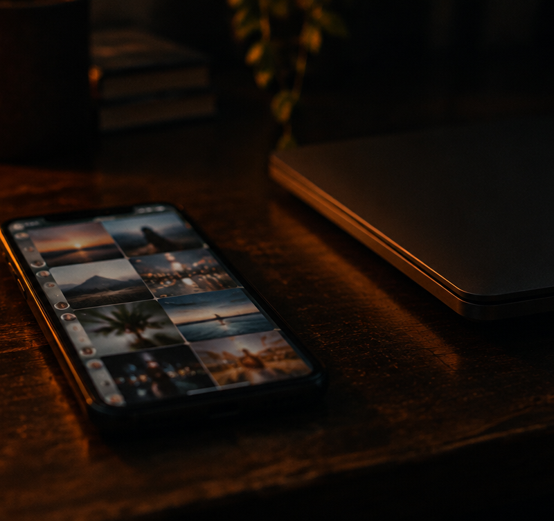 A phone showing a social feed glowing on a dark desk beside a closed laptop