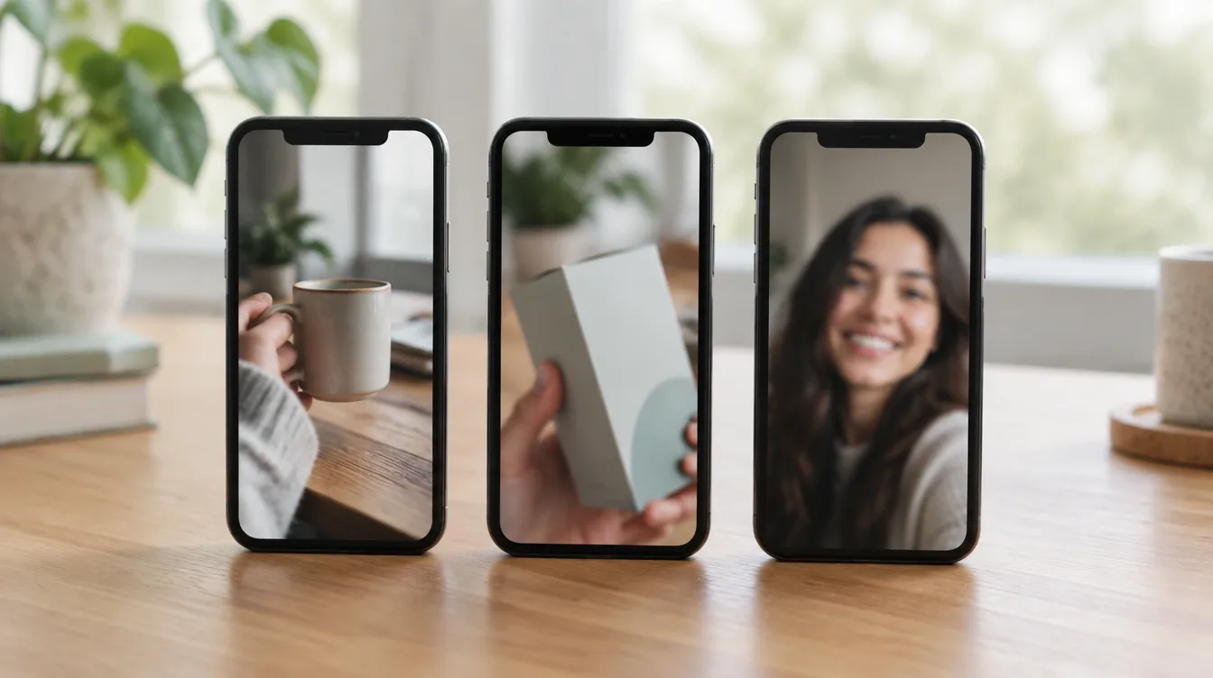 Three smartphones side by side, each showing a different vertical video ad opening