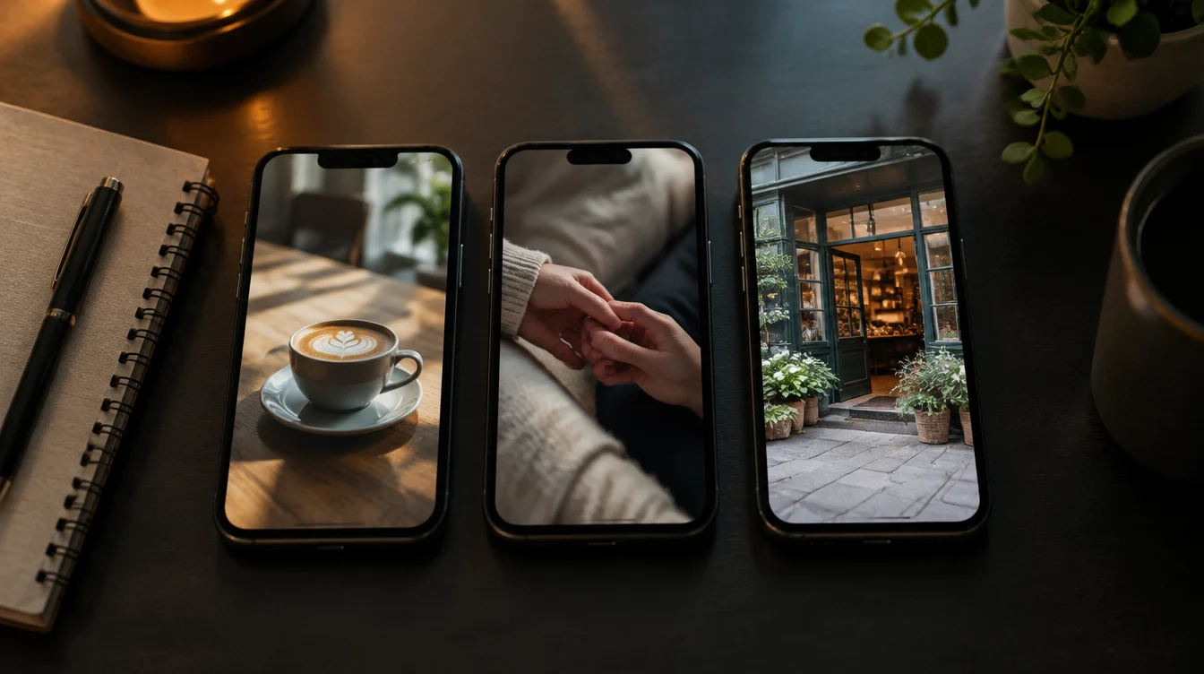 Three smartphones side by side on a dark desk, each showing a different vertical video still, with a notebook and pen