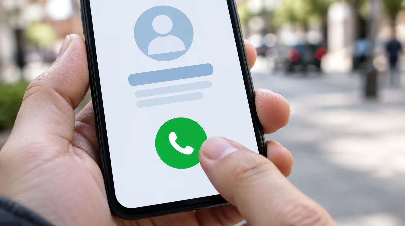 A thumb about to tap a green call button on a phone showing a simple clean page