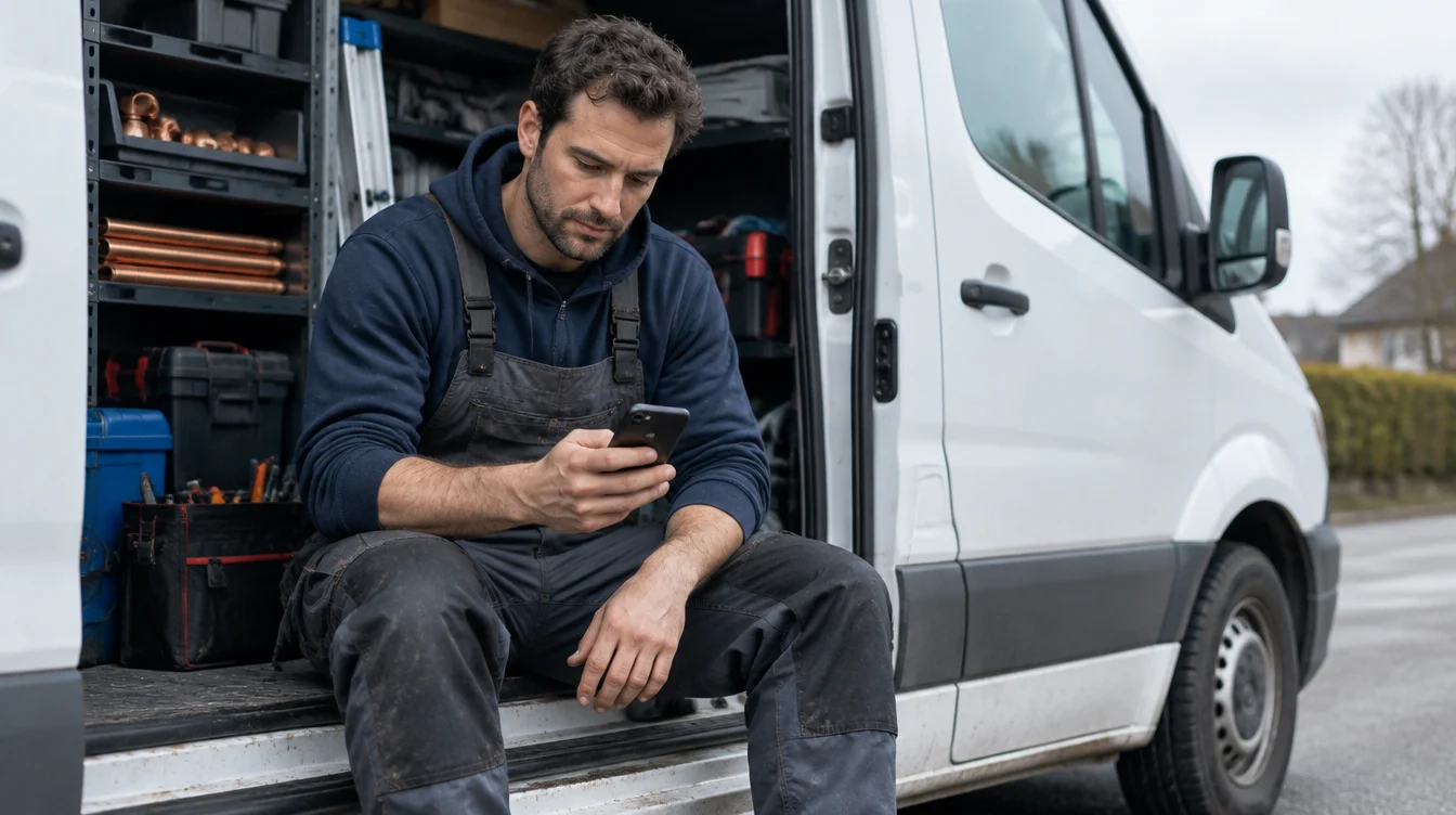 A plumber in work clothes sitting on the open door of a white van reading his phone