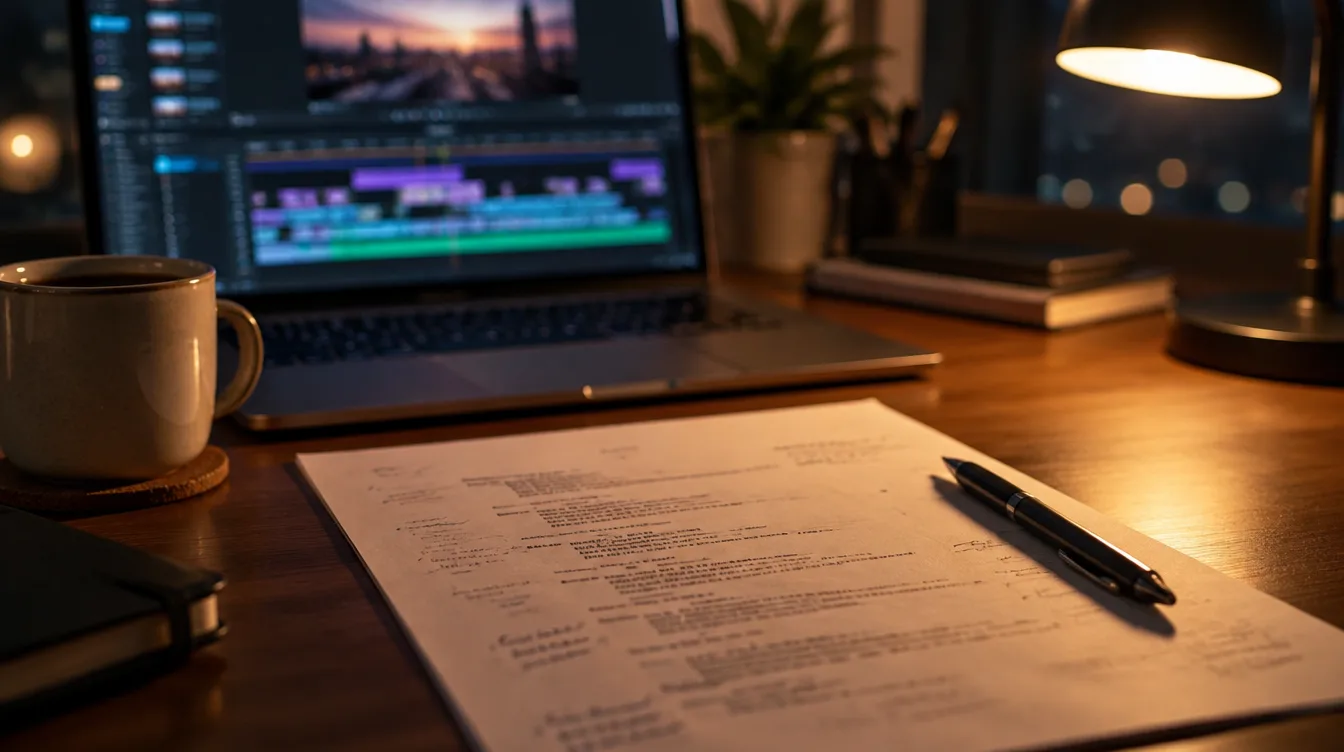 A printed ad script with a pen on a desk in front of a laptop showing a video editing timeline