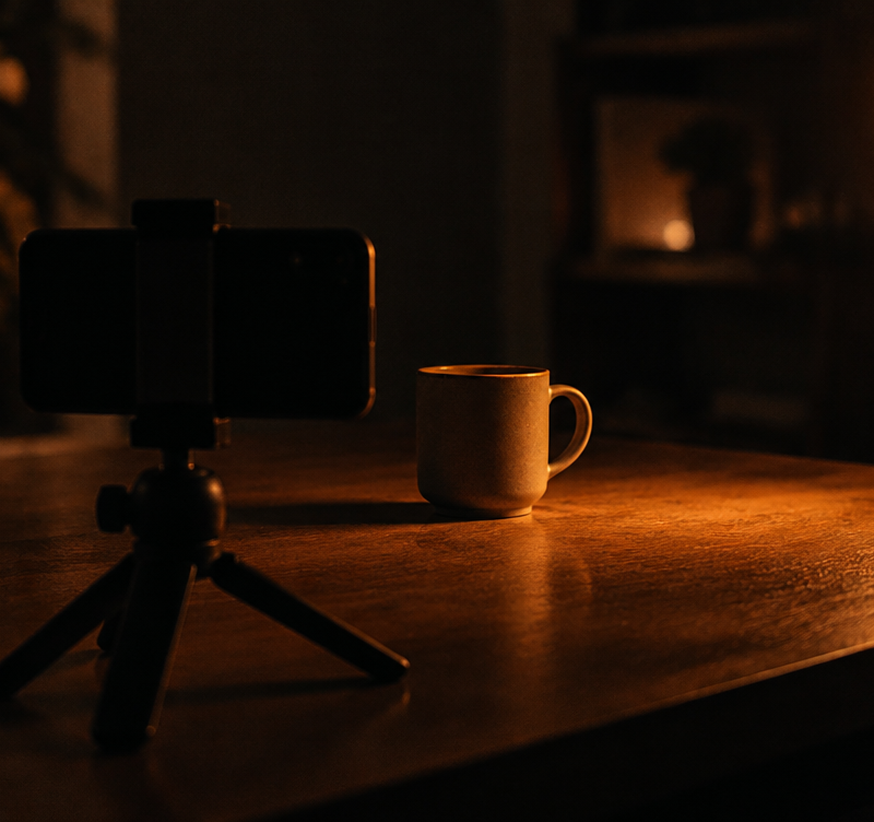 A smartphone on a small tripod filming a product, lit by a ring light in a dark room
