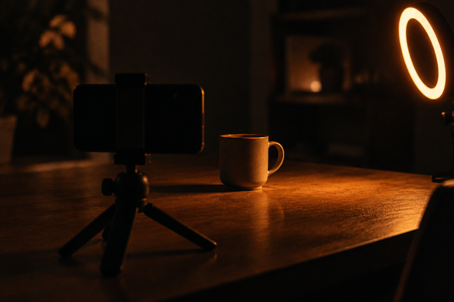 A smartphone on a small tripod filming a product, lit by a ring light in a dark room