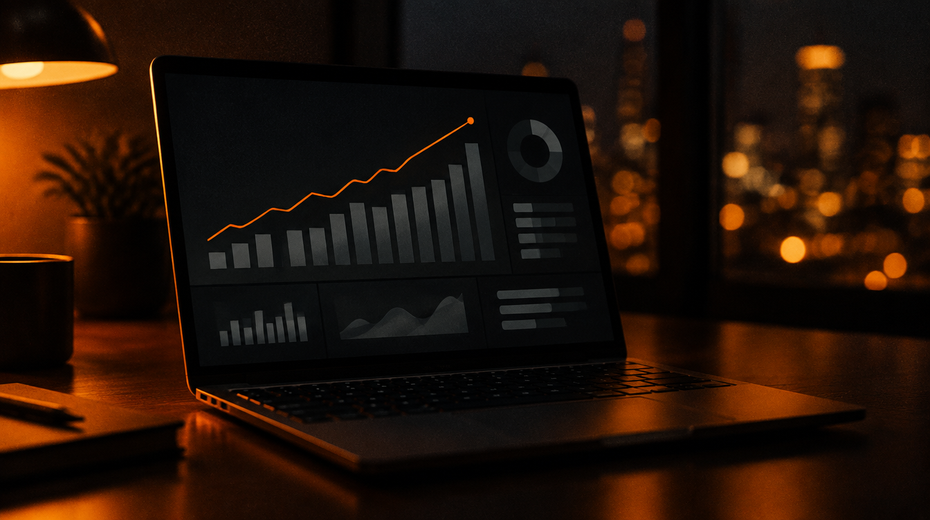 A laptop in a dark room showing a rising performance chart with an orange line