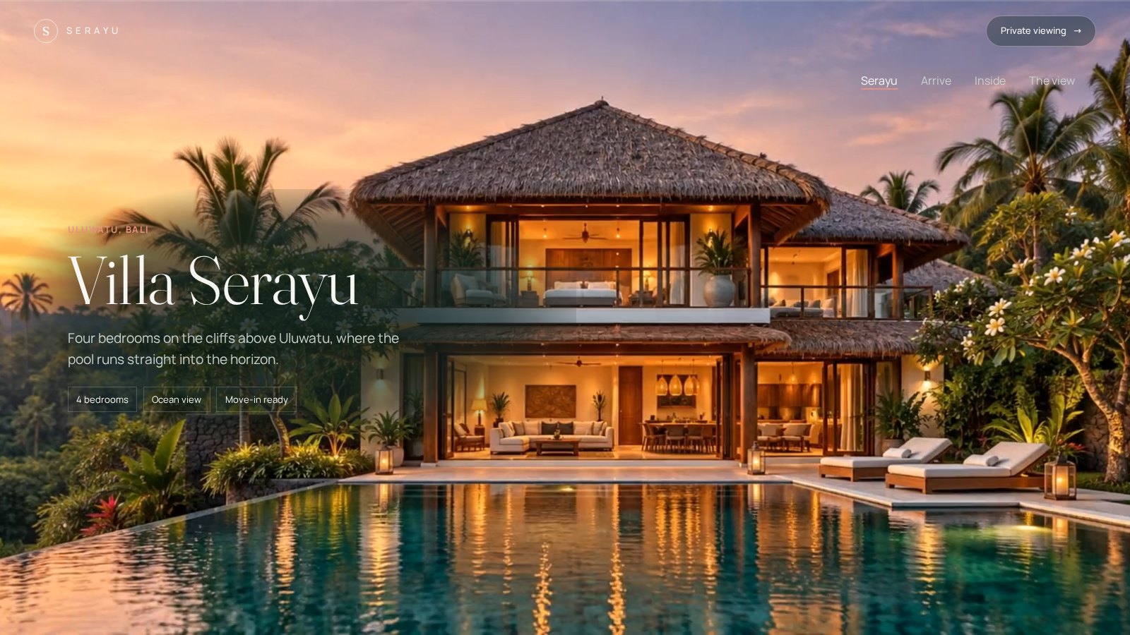 Hero of the Villa Serayu concept website, a one page villa site with a drone film background