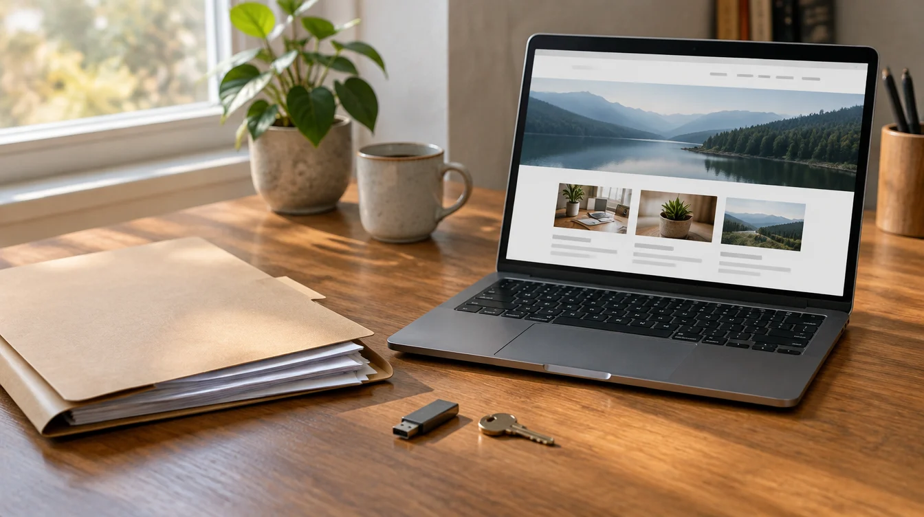 A laptop showing a simple business website beside a folder of documents, a USB drive and a brass key