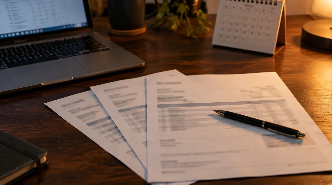Three paper invoices fanned out on a desk with a pen, an open laptop and a desk calendar