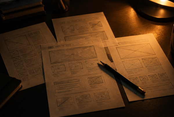 Sheets of paper with hand drawn website layout sketches on a dark desk