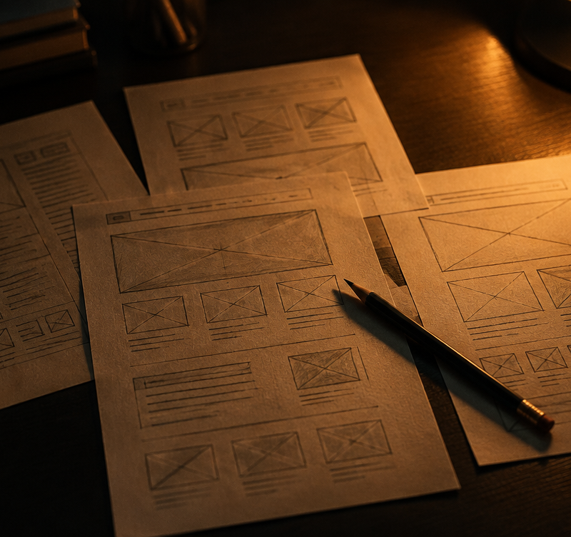 Sheets of paper with hand drawn website layout sketches on a dark desk